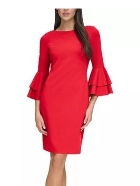 Calvin Klein Red Ruffled-Sleeve Sheath Dress